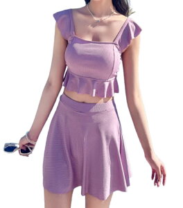 【送料無料】 水着 レディース ビキニ 体型カバー フリル ビスチェ風 2点セット ハイウエスト フレア スカート 色:パープル、サイズ:Free Size