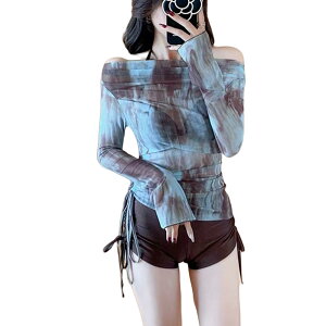 【送料無料】 水着 レディース ビキニ 体型カバー 3点セット パット付き セパレート 長袖 UVカット ハイウエスト 大きいサイズ フリル スリング 水陸両用 海水浴 旅行 色:コーヒー、サイズ