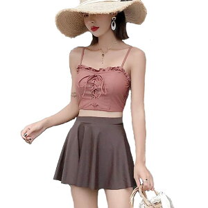 【送料無料】 水着 レディース タンキニ 体型カバー 女性 人気 2 3点セット UVカット ショートパンツ スカート 可愛い 温泉 旅行 セパレーツ ビスチェ風 色:レッド、サイズ:L