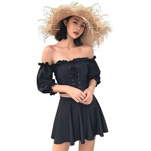 【送料無料】 水着 レディース オフショルダー フリル レースアップ ビキニ スカート 短パン ビスチェ風 3点セット 2way swimwear 体型カバー 女性 セパレート 温泉水着 かわいい 色:ブラック、