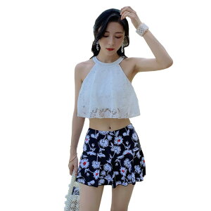 【送料無料】 水着 レディース ハイネックビキニ スカート 体型カバー水着 2点セット フレア レース ビーチ セパレート水着 ママ水着 ノンワイヤー かわいい セクシー パッド付き 色:レッ