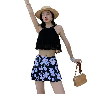 【送料無料】 水着 レディース ハイネックビキニ スカート 体型カバー水着 2点セット フレア レース ビーチ セパレート水着 ママ水着 ノンワイヤー かわいい セクシー パッド付き 色:オレ