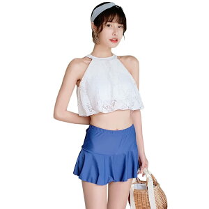 【送料無料】 水着 レディース ハイネックビキニ スカート 体型カバー水着 2点セット フレア レース ビーチ セパレート水着 ママ水着 ノンワイヤー かわいい セクシー パッド付き 色:ホワ