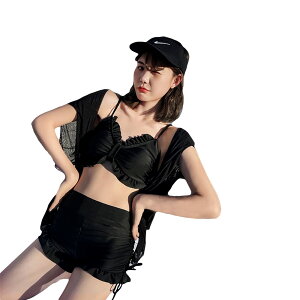 【送料無料】 水着 レディース水着 日焼け止め長袖付き水着 ガールズ水着 パンツ水着 ビギニセット水着 ラッシュガード 色:ブラック、サイズ:S Regular