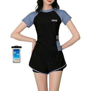 【送料無料】 水着 レディース セパレート 半袖 ショートパンツ 体型カバー パッド 付きフィットネス プール タンキニ S M 色:ブラック×ブルーグレー、サイズ:Free Size