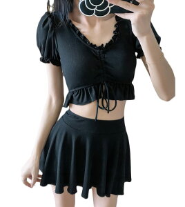 【送料無料】 水着 レディース ビキニ スカート 2点セット セパレート水着 体型カバー ビスチェ風 セクシー パッド付き フレア フリル おしゃれ かわいい 無地 色:ブラック(フリル)、サイズ