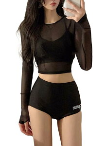 【送料無料】 水着 レディース 3点セット ビキニ水着 温泉水着 長袖 丸首 胸パッド付き ショートパンツ 体型カバー 露出控えめ 水陸両用 赤外線防止 セクシー 色:ブラック、サイズ:XL