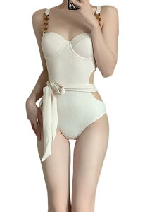 【送料無料】 水着 レディース ビキニ オールインワン 無地 セクシー 小胸 キャミソール水着 体型カバー スイムウェア 胸パッド付き 女性用 水泳 温泉 色:ホワイト、サイズ:S