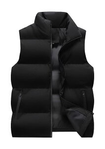 【送料無料】 ベスト メンズ ダウンベスト アウター 中綿ベスト ノースリーブ アウトドア 立ち襟 無地 秋 冬 軽量 保温 防寒 おしゃれ 大きいサイズ 色:ブラック、サイズ:3XL