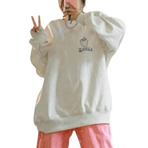 【送料無料】 トレーナー 420g イチゴ柄 フリース レディース スウェット 綿 厚手 長袖 プルオーバー 丸首 トップス カジュアル ゆったり カットソー 暖かい おしゃれ 大きいサイズ 女性らし