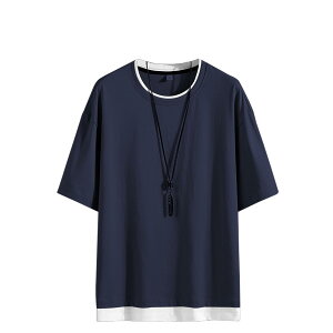 【送料無料】 重ね着風 tシャツメンズ tシャツ 半袖 無地 重ね着風 大きいサイズ ゆったり 五分袖 大きめサイズ レイヤード メンズ ゆったり ビッグシルエット 色:ネイビー、サイズ:L