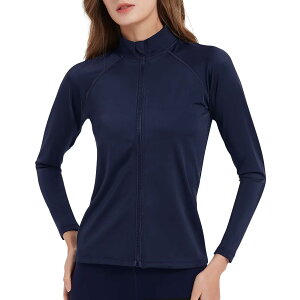 【送料無料】 ラッシュガード レディース 水着 長袖 フードなし スイムウェア 日焼け止め パーカー ジップアップ 体型カバー UVカット 日焼け予防 水陸両用 接触冷感 吸汗速乾 色:1161ネイビ