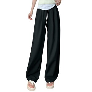 【送料無料】 ワイドパンツ レディース 夏用 冷感 薄手 ウエストゴム 体型カバー ゆったり 細見え リラックス カジュアル ストレッチ 通勤 ボトムス オフィス パンツ 色:ブラック、サイズ
