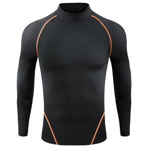 【送料無料】 スポーツインナー キッズ ハイネック 長袖 コンプレッションウェア アンダーシャツ トレーニングウェア アンダーウェア ランニングウェア 吸汗速乾 子供用 色:ブラック/オレ