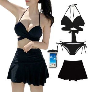 【送料無料】 水着 レディース クロス ビキニ スカート 3点 セット 美バスト ワイヤー入り 体型カバー 無地 ホルターネック 色:ブラック、サイズ:L