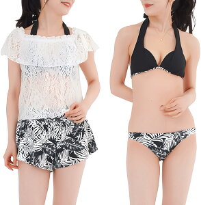 【送料無料】 水着 4点 セット タンキニ ビキニ ショートパンツ 体型カバー オフショル ママ レディース サウナ 色:ホワイト、サイズ:S