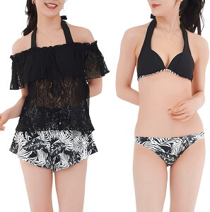 【送料無料】 水着 4点 セット タンキニ ビキニ ショートパンツ 体型カバー オフショル ママ レディース サウナ 色:ブラック、サイズ:L