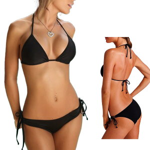 【送料無料】 ホルターネック 水着 セクシー ビキニ 大きいサイズ M〜2XL 上下セット レディース 体型カバー カップ付き 紐ビキニ bikini 色:黒(ブラック)、サイズ:XL