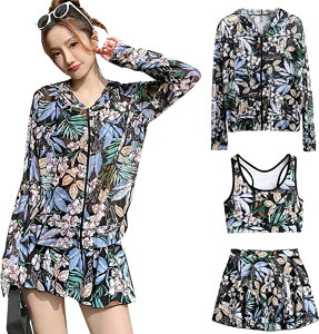 【送料無料】 水着 レディース 体型カバー フィットネス水着 長袖ラッシュガード セパレート 3点セット 日焼け対策 海水浴 温泉 花柄 可愛い 水陸両用 ビキニ ショートパンツ スカート 色: