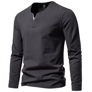 【送料無料】 メンズ Vネック トップス ヘンリーネック Tシャツ 長袖ロンT 長袖サーマルカットTシャツ トレーニングウェア 裏地シャツ ストレッチ コットン 無地 秋服 色:00-ダークグレー、