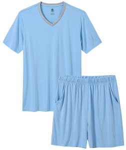 【送料無料】 パジャマ 上下セット メンズ 半袖 ルームウェア ゆったり スウェット ポケット付き 寝間着 部屋着 ふんわり 柔らかく 吸汗 通気性 大きいサイズ ギフト プレゼント 色:空色、