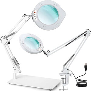 【送料無料】【1台2役】QaaJaa 拡大鏡 スタンドライト付き 15倍倍率 トップボタン操作 角度調整可能 無段階調光 5種色温度 USB給電 置き型 クリップ対応 目に優しい 多用途 色:ホワイト、サイ