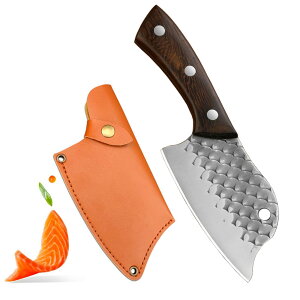 【送料無料】Irai Utaki 中華包丁 魚用 マグロ捌き用 手打ち鍛造加工 肉、魚、野菜などの切りに適す 小型 天然木柄 特殊包丁 アウトドアナイフ 収納用革シース付 サイズ:魚鱗包丁 120mm