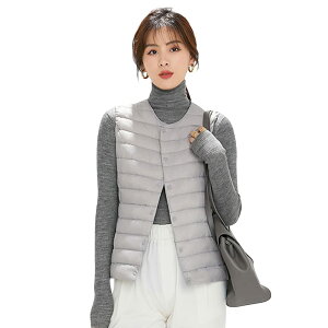 【送料無料】CLAZOLIY ダウンベスト レディース インナー ウルトラライト ダウン ベスト 襟の形が変更可能です Vネック 丸首 袖無し 軽量 暖かい 防寒 細身 収納袋付き CL106 色:グレー、サイズ