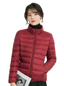 【送料無料】CLAZOLIY ウルトラライト ダウンジャケット レディース ライトダウン 暖かい 軽量 防風 防寒 ダウンコート コンパクト収納 CL108 色:襟レッド、サイズ:M