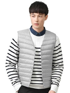 【送料無料】CLAZOLIY ノーカラー インナーダウンベスト メンズ ウルトラライト ベスト 暖かい 軽量 防寒 コンパクト収納 CL111 色:グレー、サイズ:M