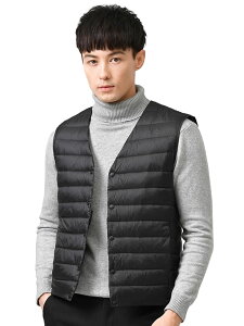 【送料無料】CLAZOLIY ノーカラー インナーダウンベスト メンズ ウルトラライト ベスト 暖かい 軽量 防寒 コンパクト収納 CL111 色:ブラック、サイズ:L