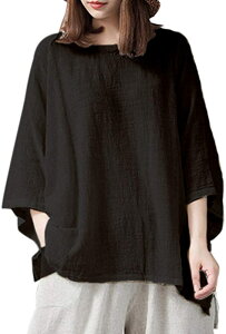 【送料無料】シャツ ブラウス 七分袖 長袖 ゆったり 綿麻混 カジュアル 無地 シンプル 春夏 スキッパーシャツ カットソー レディース きれいめ PHFUYUメーカー直営&品質 色:ブラック、サイ