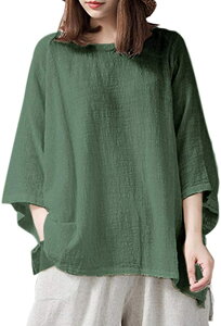 【送料無料】シャツ ブラウス 七分袖 長袖 ゆったり 綿麻混 カジュアル 無地 シンプル 春夏 スキッパーシャツ カットソー レディース きれいめ PHFUYUメーカー直営&品質 色:グリーン、サイ