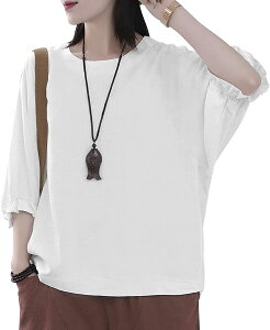 【送料無料】シャツ 七分袖 長袖 ドルマン スリーブ ゆったり 綿麻混 カジュアル 無地 シンプル 春夏 スキッパーシャツ カットソー レディース きれいめ PHFUYUメーカー直営&品質 色:ホワイ