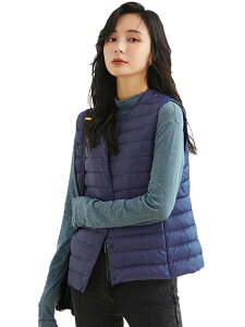 【送料無料】MDMYXJP ウルトラライト ダウンベスト レディース インナーダウン 襟の形が変更可能です ラウンドネック Vネック ライトダウン 軽量 防寒 暖かい 収納袋付き MD103 色:ネイビー、