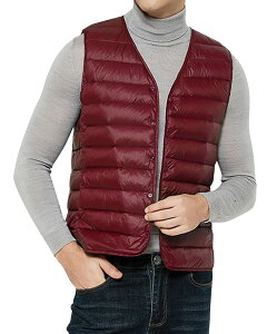 【送料無料】MDMYXJP ノーカラー ダウンベスト メンズ ウルトラライト インナーベスト 軽量 防寒 コンパクト収納 MD108 色:レッド、サイズ:2XL