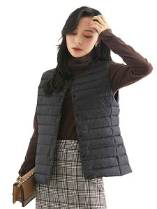 【送料無料】MDMYXJP ウルトラライト ダウンベスト レディース インナーダウン 襟の形が変更可能です ラウンドネック Vネック ライトダウン 軽量 防寒 暖かい 収納袋付き MD103 色:ブラック、