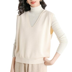 【送料無料】MDMYXJP ニット ベスト レディース Vネック セーター 伸縮性良い エレガント 体型カバー 着痩せ カジュアル おしゃれ 通勤 トップス 春秋冬 MD280 色:ベージュ、サイズ:M