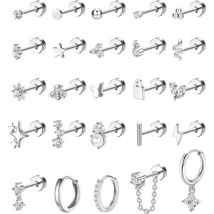 【送料無料】Jstyle 25点 ピアス レディース スタッド ネジ式 ゴールド 小さめ フープ 複数 ヘリックス キュービックジルコニア アレルギー対応 ステンレス 軟骨 女性 ジュエリー 色:シルバー