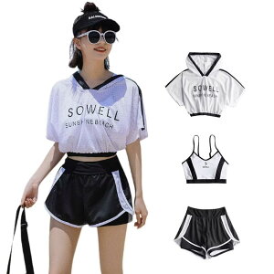 【送料無料】 レディース 水着 セパレート 3点セット オーバーtシャツ スポーツブラ ショートパンツ 学生 ママ UVカット 体型カバー 韓国 可愛い 色:ホワイトブラック、サイズ:L