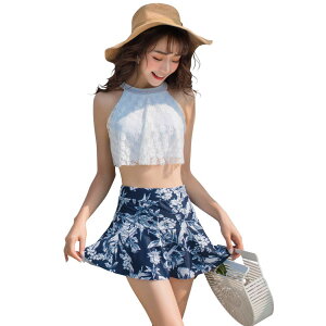 【送料無料】 水着 レディース ハイネック ビキニ 体型カバー スカート 2点セット レース 無地 モノトーン バックシャン hys1723 色:A:ホワイト×ネイビー、サイズ:XL