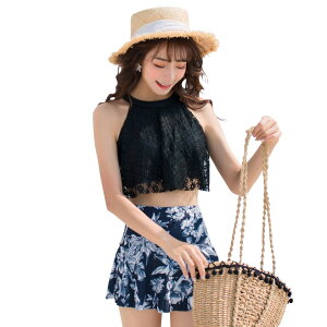 【送料無料】 水着 レディース ハイネック ビキニ 体型カバー スカート 2点セット レース 無地 モノトーン バックシャン hys1723 色:A:ブラック×ネイビー、サイズ:XL