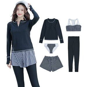 【送料無料】 フィットネス 水着 レディース 体型カバー 5点セット 長袖 ラッシュガード スポーツブラ ショーツ ショートパンツ レギンス hys2122 色:ブラック×チェック、サイズ:M