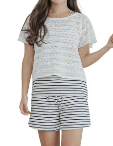 【送料無料】 水着 レディース 体型カバー タンキニ カバーアップ オーバーTシャツ ショートパンツ 4点セット 色:10レース×ボーダー、サイズ:M