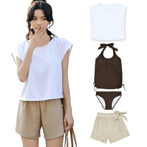 【送料無料】 水着 レディース 体型カバー タンキニ 4点セット 大人 ビキニ タンクトップ ショートパンツ Tシャツ ラッシュガード ママ水着 hys1618 色:ホワイト/ベージュ、サイズ:S