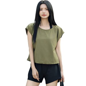 【送料無料】 水着 レディース 体型カバー タンキニ 4点セット 大人 ビキニ タンクトップ ショートパンツ Tシャツ ラッシュガード ママ水着 hys1618 色:カーキ/ブラック、サイズ:L(11号)
