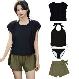 【送料無料】 水着 レディース 体型カバー タンキニ 4点セット 大人 ビキニ タンクトップ ショートパンツ Tシャツ ラッシュガード ママ水着 hys1618 色:ブラック/カーキ、サイズ:XL(13号)