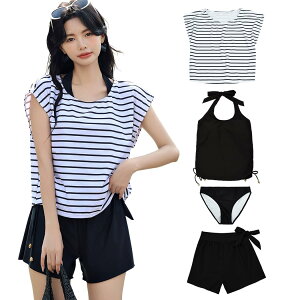 【送料無料】 水着 レディース 体型カバー タンキニ 4点セット 大人 ビキニ タンクトップ ショートパンツ Tシャツ ラッシュガード ママ水着 hys1618 色:ボーダー×ブラック、サイズ:S(7号)