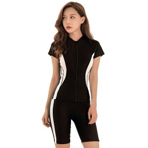 【送料無料】 フィットネス 水着 レディース セパレート 半袖ラッシュガード 水泳帽子 3点セット hys2401-C 色:C:ブラック、サイズ:L
