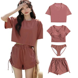 【送料無料】 水着 レディース 体型カバー 4点セット 半袖シャツラッシュガード ショートパンツ セパレート 4way hys2851 色:テラコッタ、サイズ:L